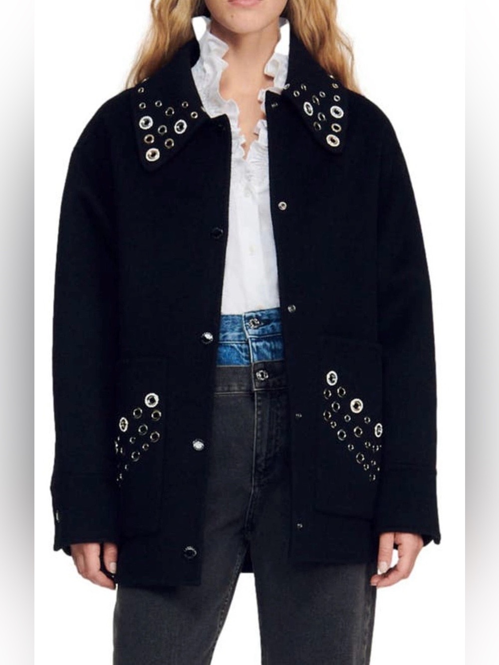 Sandro Wave Eyelet-embellished Wool-blend Coat In Black Sz:36/XS/S